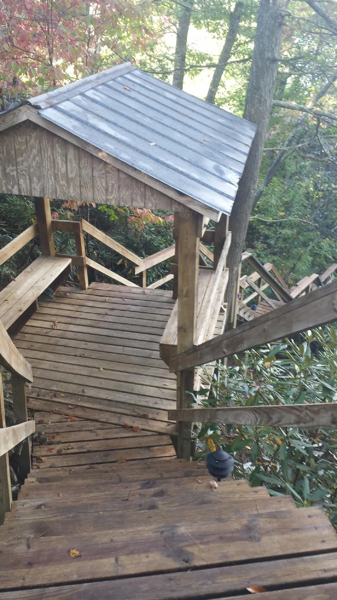 Metal roofed shelter over wooden steps on a wooded walkway — Skylight Repair & Installation work by our crew in Savonburg